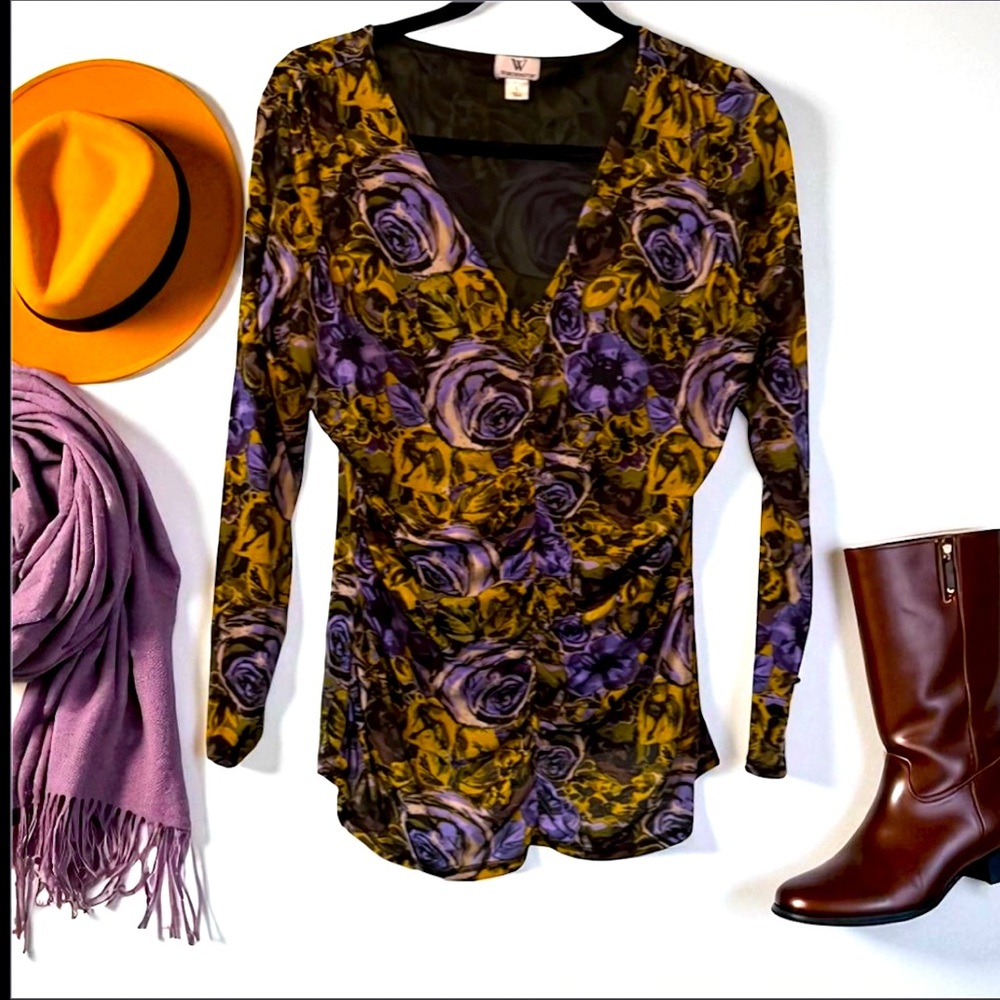 Worthington Purple & Gold On Black Ruched Top